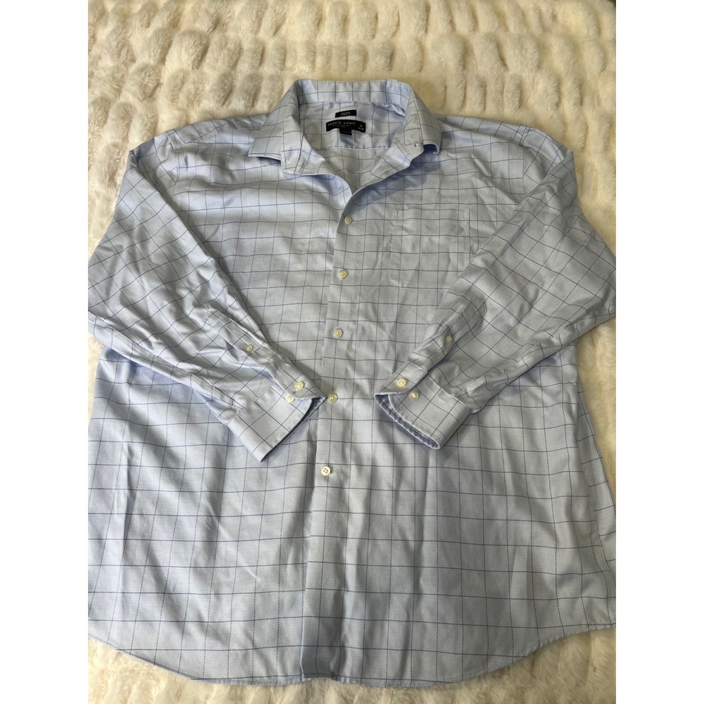 Pronto Uomo Mens 18 34/35 Non-Iron Classic Fit Egyptian Cotton Blue Check Shirt